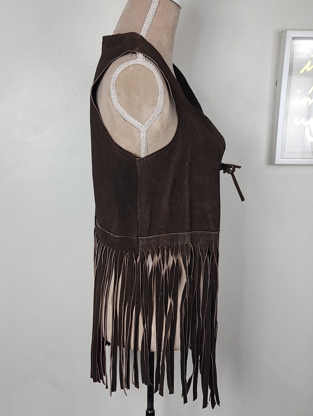 Vtg 70s Brown Suede Leather Boho Hippie Western Cowgirl Rodeo Fringe Vest S - Picture 2 of 15